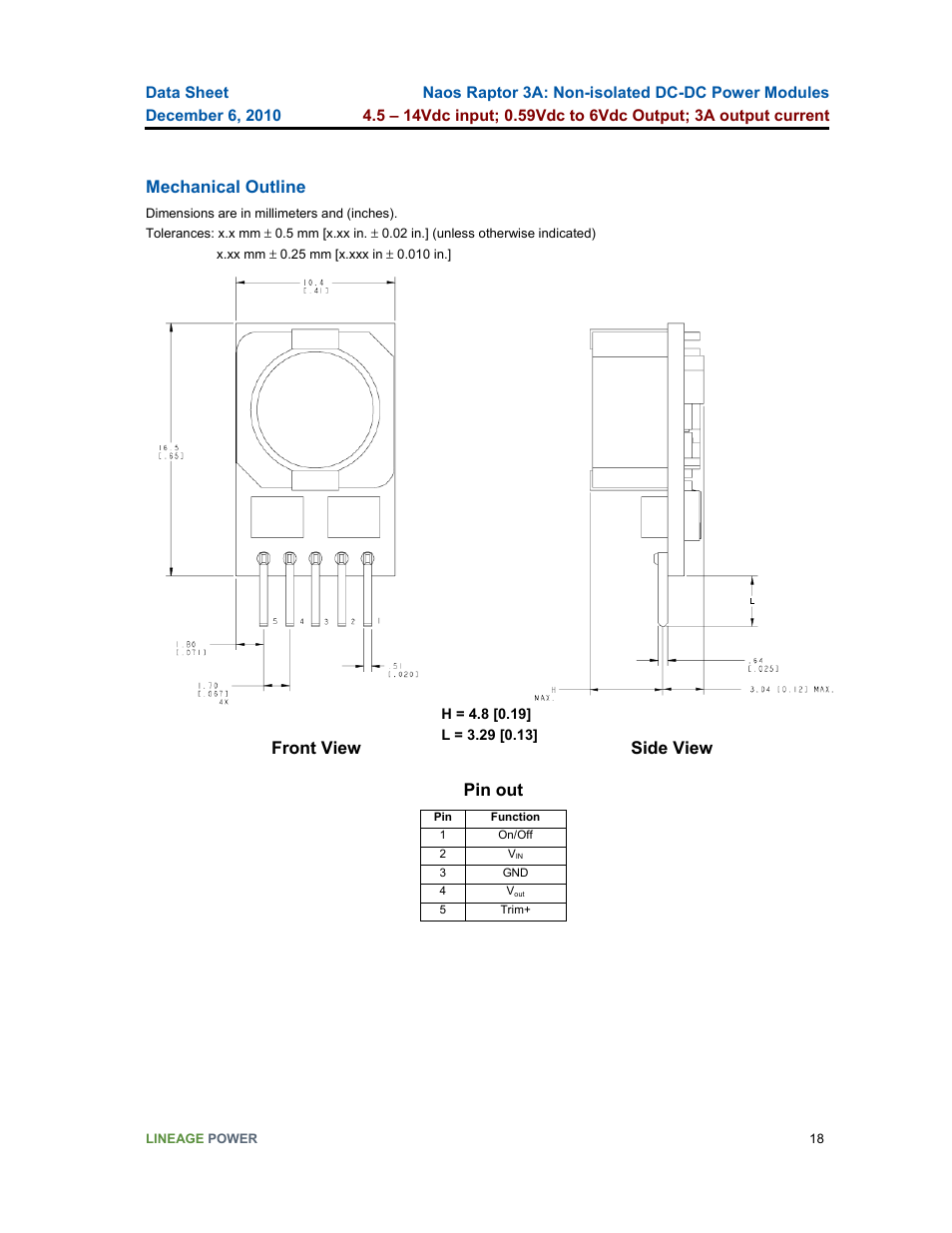 Mechanical outline, Pin out, Front view side view | GE Industrial Solutions Naos Raptor 3A User Manual | Page 18 / 20
