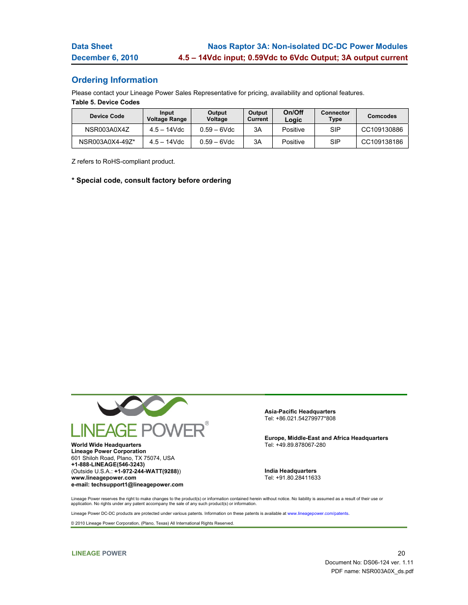 Ordering information | GE Industrial Solutions Naos Raptor 3A User Manual | Page 20 / 20