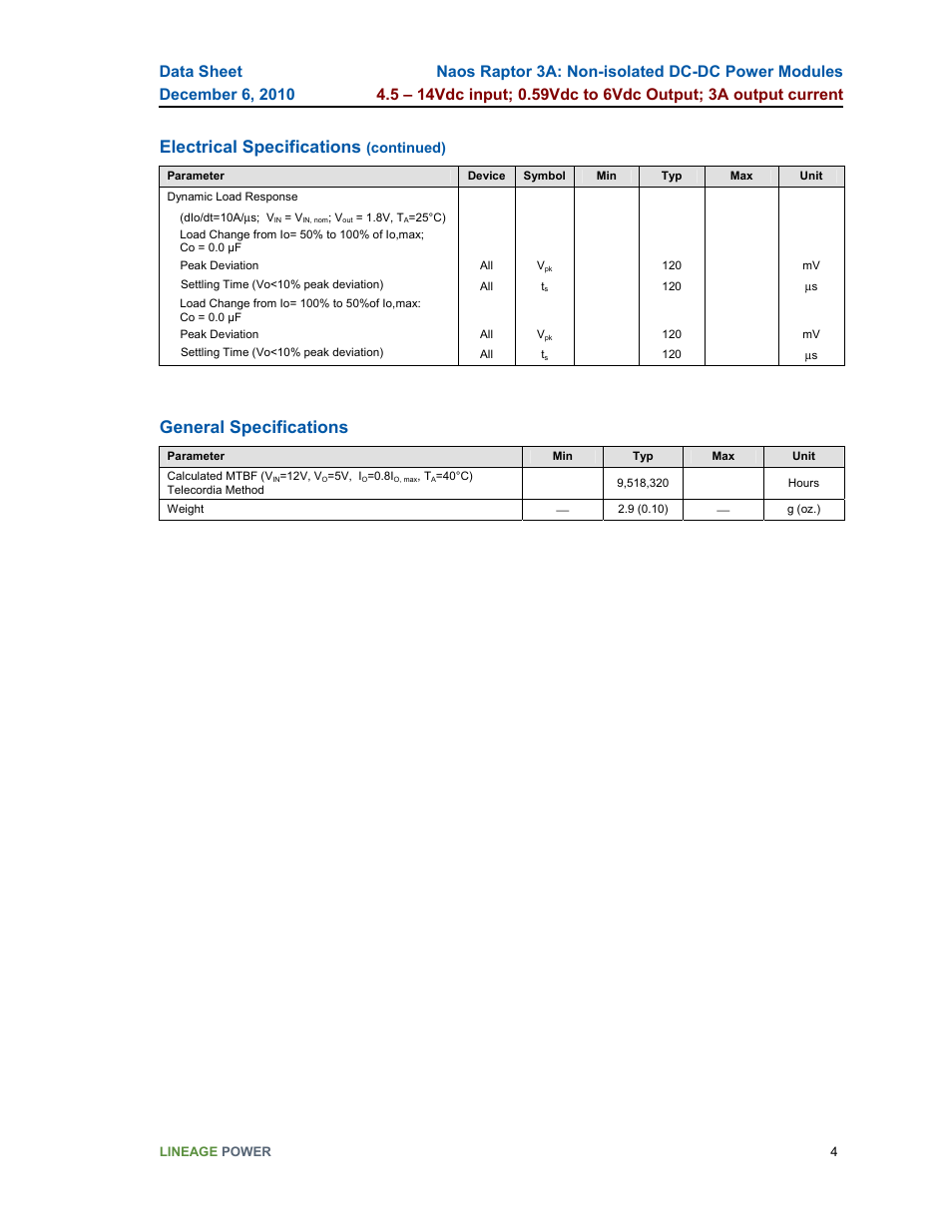 Electrical specifications, General specifications | GE Industrial Solutions Naos Raptor 3A User Manual | Page 4 / 20