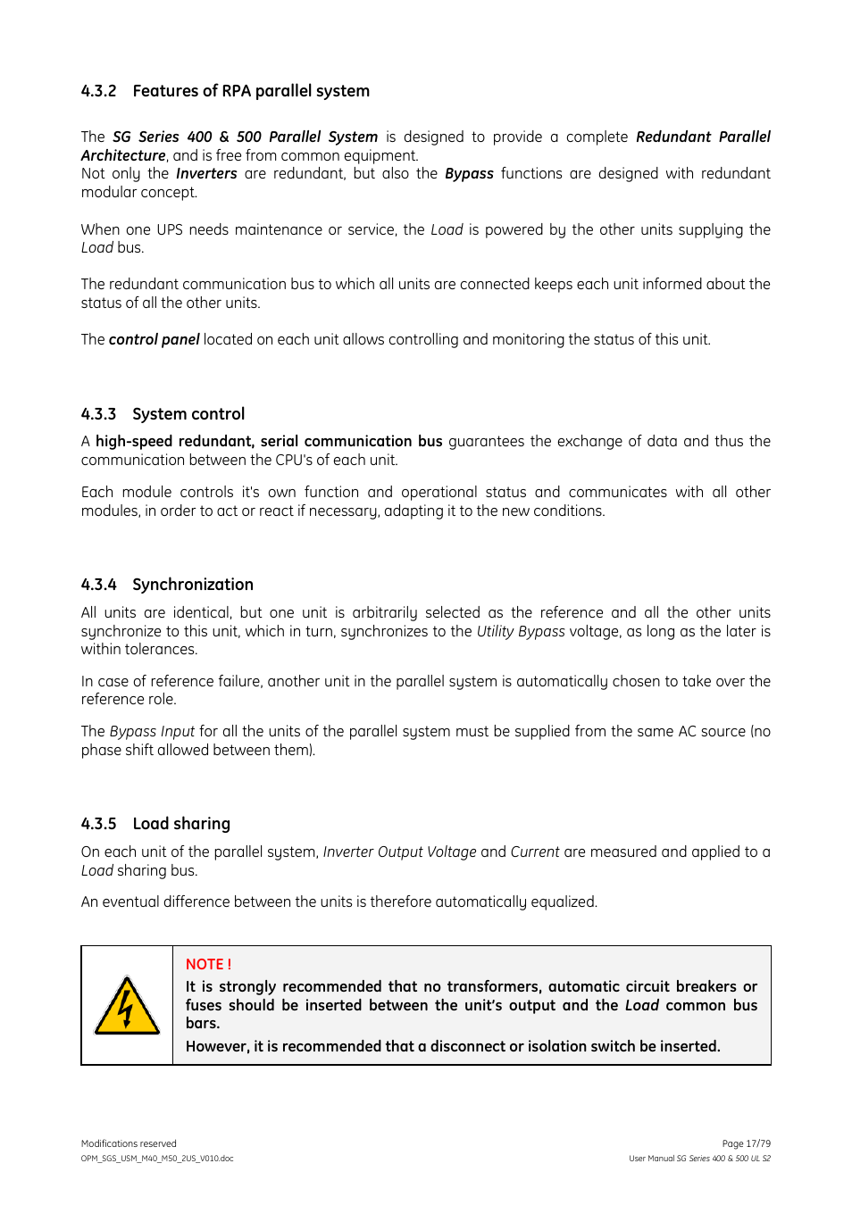 2 features of rpa parallel system, 3 system control, Synchronization | 5 load sharing, Features of rpa parallel system, System control, Load sharing, 4 synchronization | GE Industrial Solutions SG Series 400 & 500 Operating Manual User Manual | Page 17 / 79