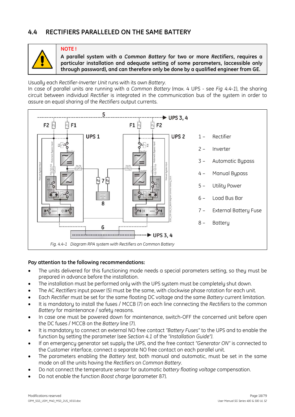 4 rectifiers paralleled on the same battery, Rectifiers paralleled on the same battery | GE Industrial Solutions SG Series 400 & 500 Operating Manual User Manual | Page 18 / 79