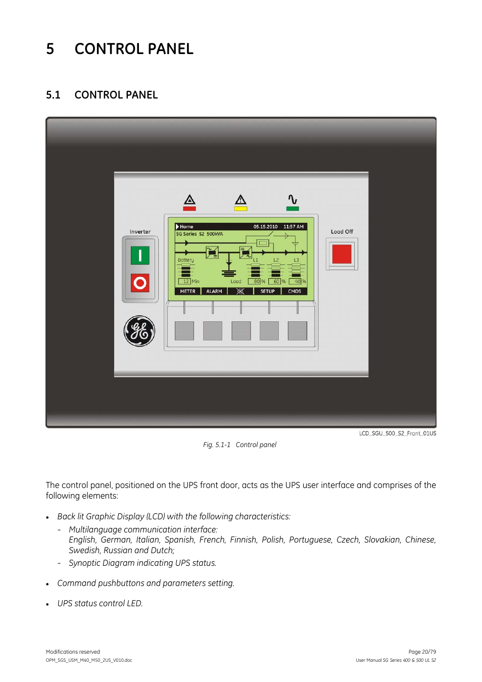 5 control panel, 1 control panel, Control panel | GE Industrial Solutions SG Series 400 & 500 Operating Manual User Manual | Page 20 / 79