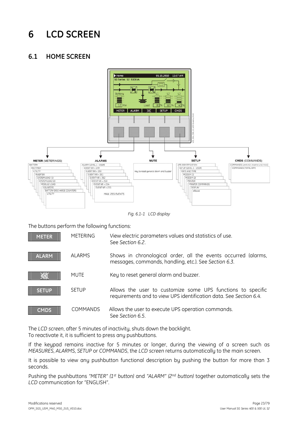 6 lcd screen, 1 home screen, Lcd screen | Home screen | GE Industrial Solutions SG Series 400 & 500 Operating Manual User Manual | Page 23 / 79