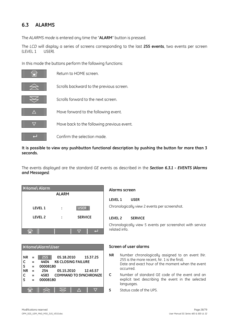 3 alarms, Alarms | GE Industrial Solutions SG Series 400 & 500 Operating Manual User Manual | Page 28 / 79