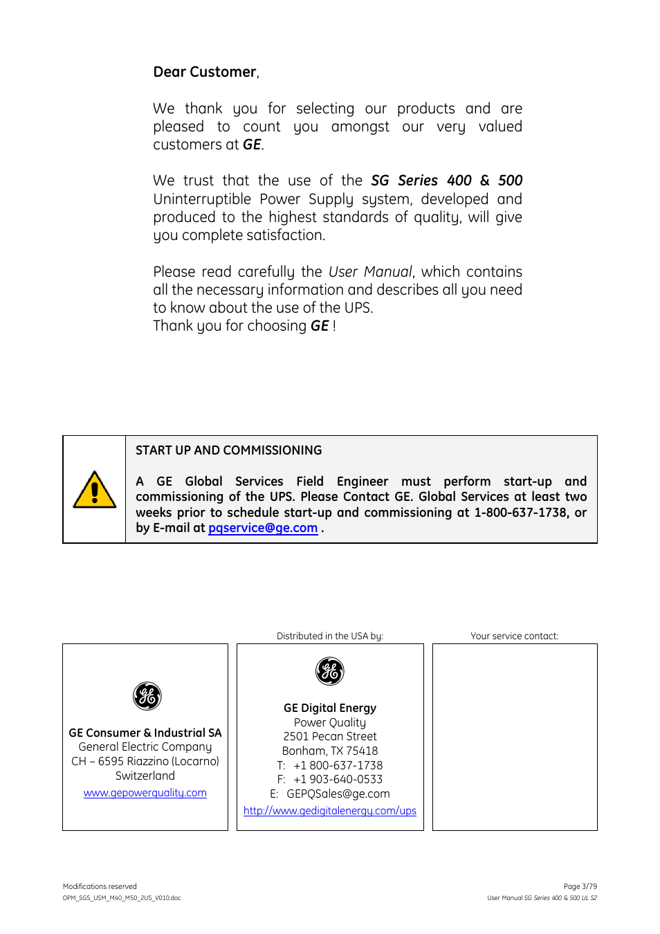 GE Industrial Solutions SG Series 400 & 500 Operating Manual User Manual | Page 3 / 79