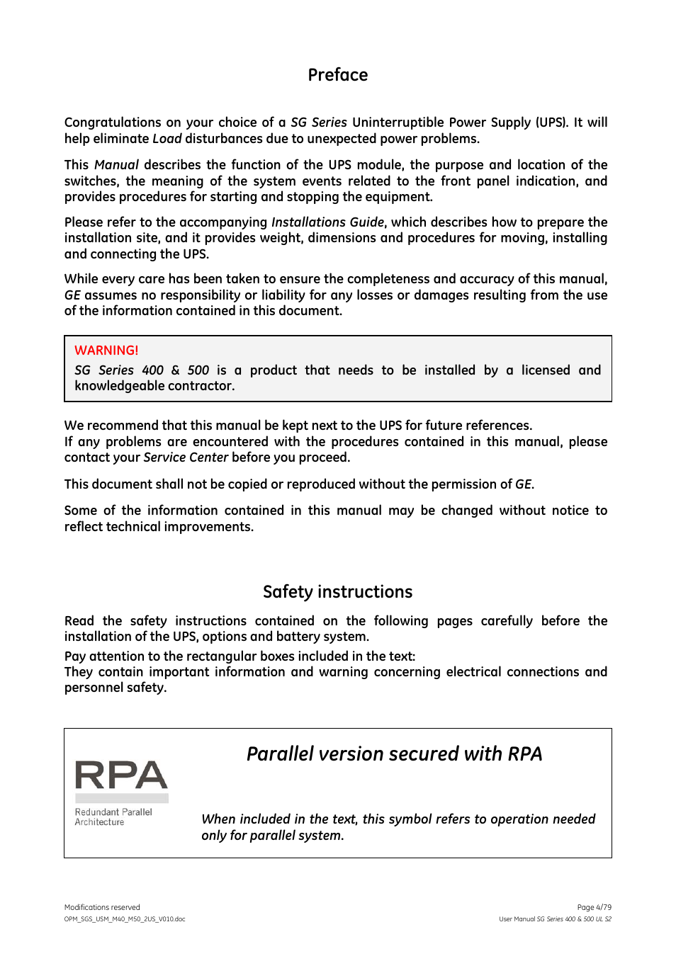 Parallel version secured with rpa, Preface, Safety instructions | GE Industrial Solutions SG Series 400 & 500 Operating Manual User Manual | Page 4 / 79