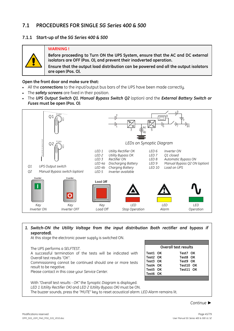 1 procedures for single sg series 400 & 500, 1 start-up of the sg series 400 & 500, Procedures for single sg series 400 & 500 | Start-up of the sg series 400 & 500, Open the front door and make sure that, The safety screens are fixed in their position, Leds on synoptic diagram, Continue, Overall test results | GE Industrial Solutions SG Series 400 & 500 Operating Manual User Manual | Page 45 / 79