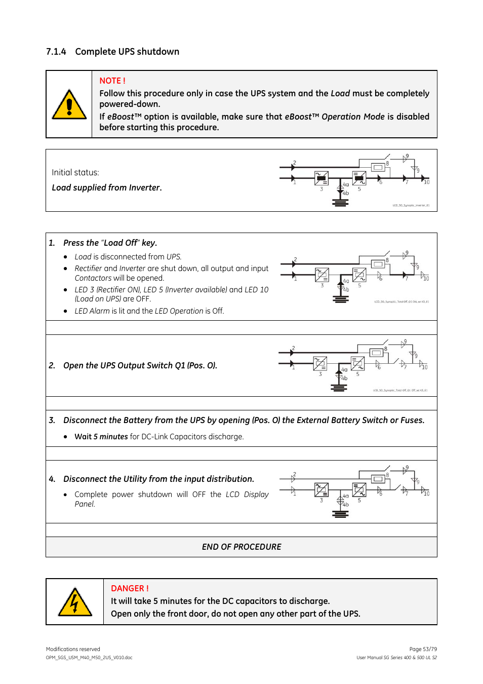 4 complete ups shutdown, Complete ups shutdown | GE Industrial Solutions SG Series 400 & 500 Operating Manual User Manual | Page 53 / 79