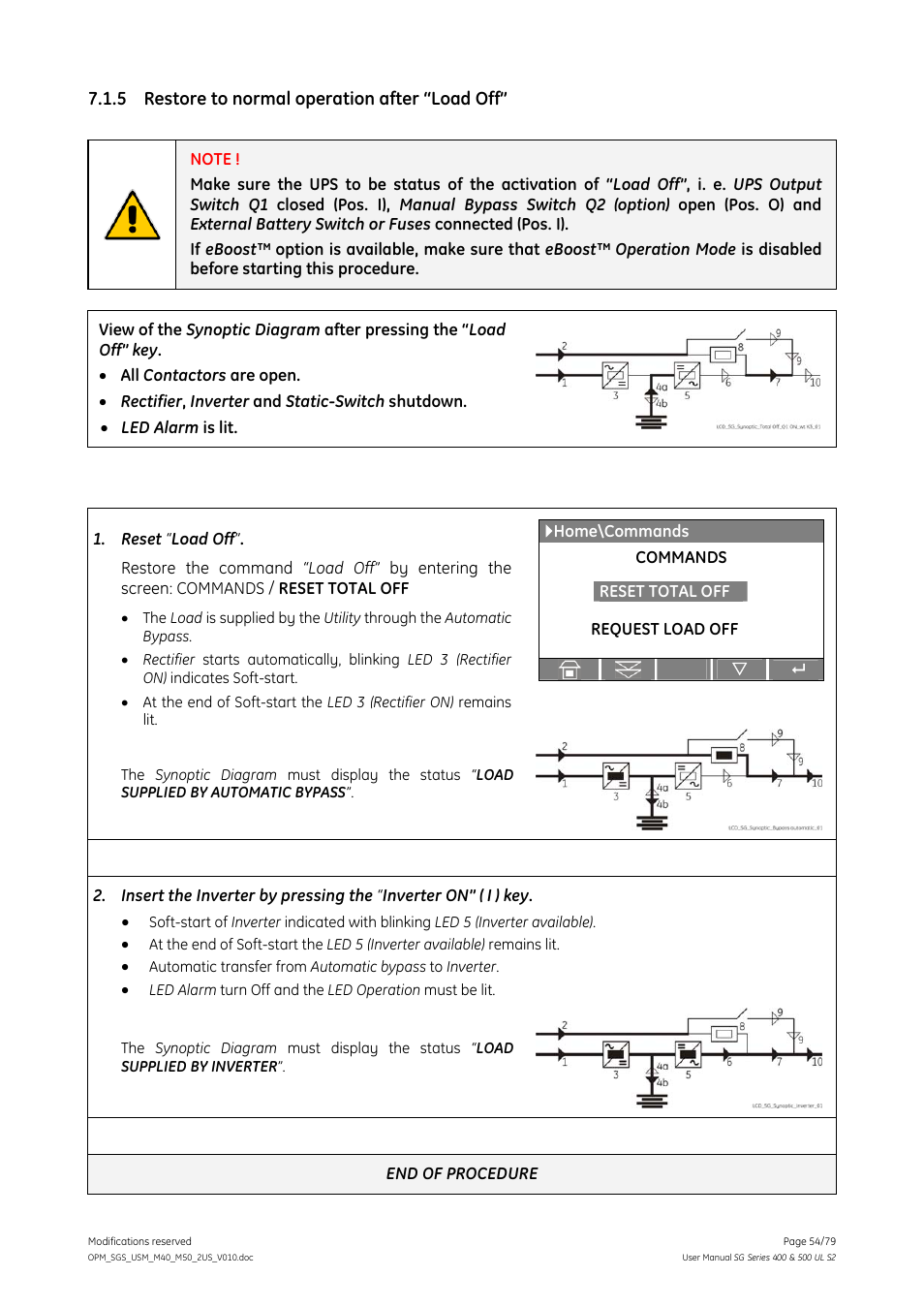 5 restore to normal operation after “load off, Restore to normal operation after “load off | GE Industrial Solutions SG Series 400 & 500 Operating Manual User Manual | Page 54 / 79