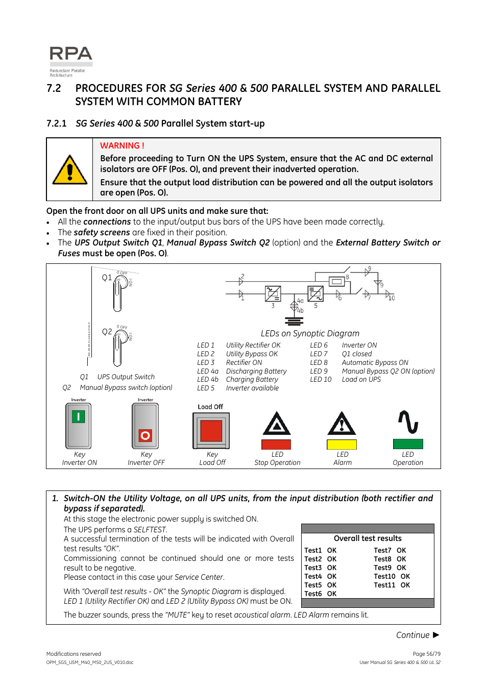 1 sg series 400 & 500 parallel system start-up, Battery, Sg series 400 & 500 parallel system start-up | The safety screens are fixed in their position, Leds on synoptic diagram, Continue | GE Industrial Solutions SG Series 400 & 500 Operating Manual User Manual | Page 56 / 79