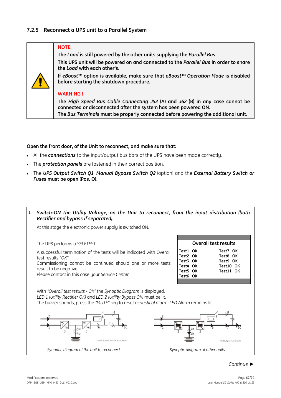 5 reconnect a ups unit to a parallel system, Reconnect a ups unit to a parallel system | GE Industrial Solutions SG Series 400 & 500 Operating Manual User Manual | Page 67 / 79