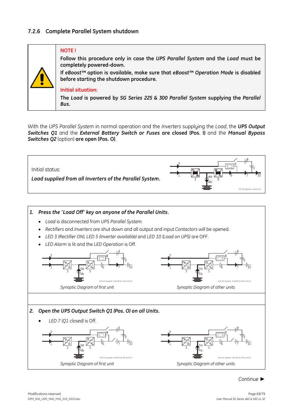 6 complete parallel system shutdown, Complete parallel system shutdown | GE Industrial Solutions SG Series 400 & 500 Operating Manual User Manual | Page 69 / 79