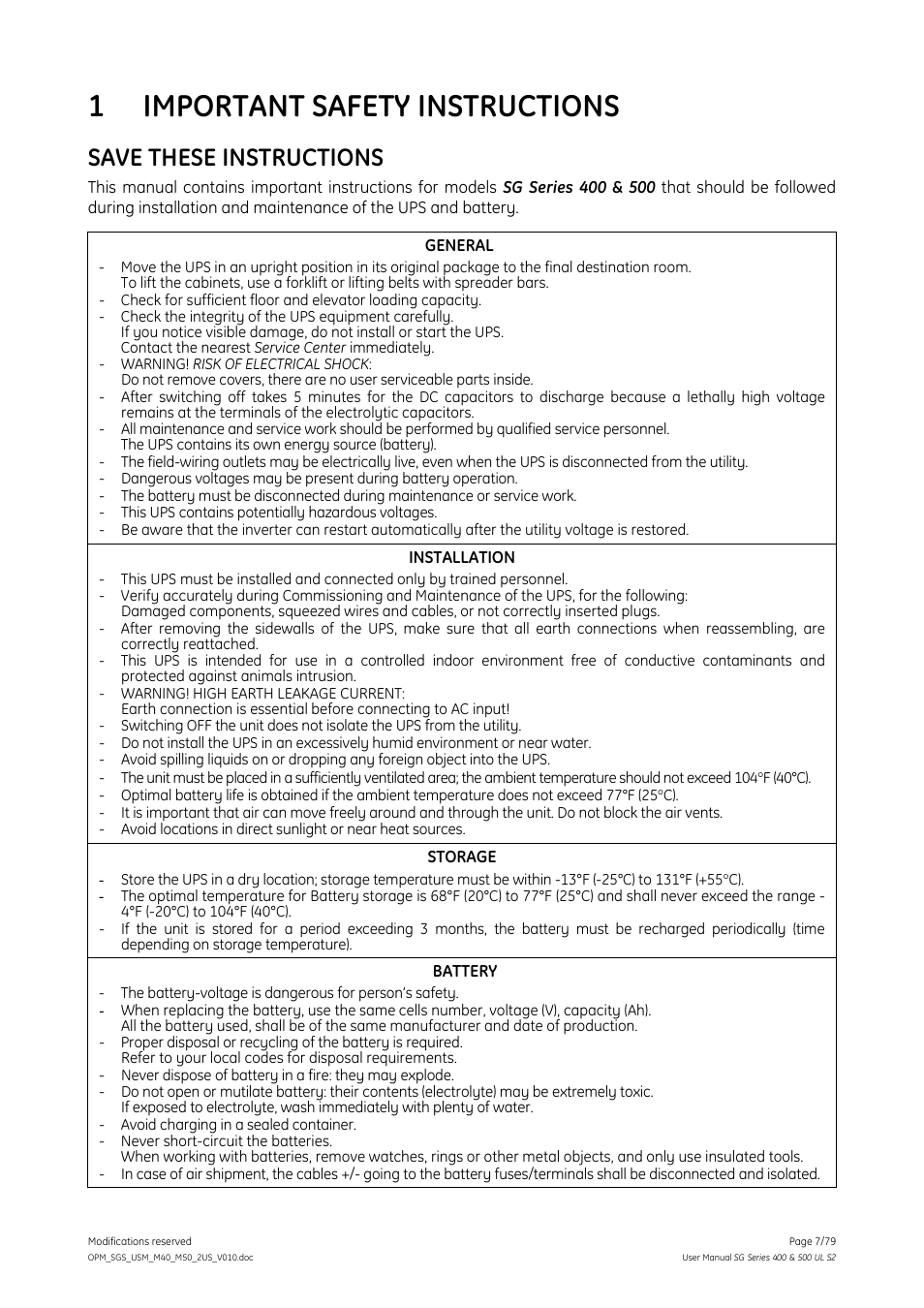 1 important safety instructions, Important safety instructions, Save these instructions | GE Industrial Solutions SG Series 400 & 500 Operating Manual User Manual | Page 7 / 79