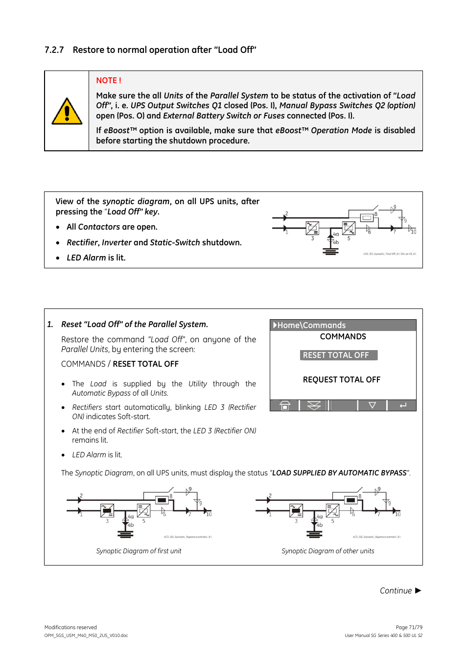 7 restore to normal operation after “load off, Restore to normal operation after “load off | GE Industrial Solutions SG Series 400 & 500 Operating Manual User Manual | Page 71 / 79