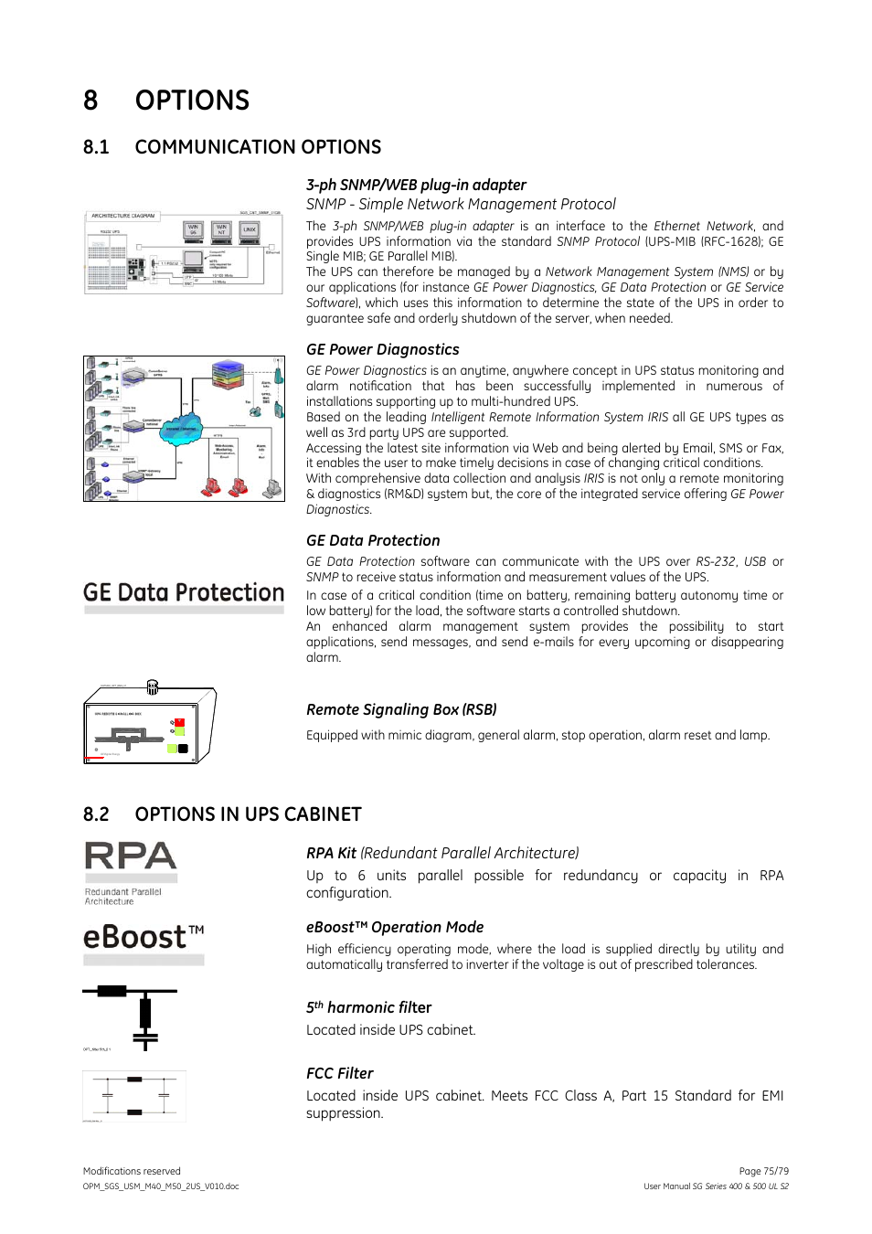 Options, 1 communication options, 2 options in ups cabinet | Communication options, Options in ups cabinet, 8 options | GE Industrial Solutions SG Series 400 & 500 Operating Manual User Manual | Page 75 / 79