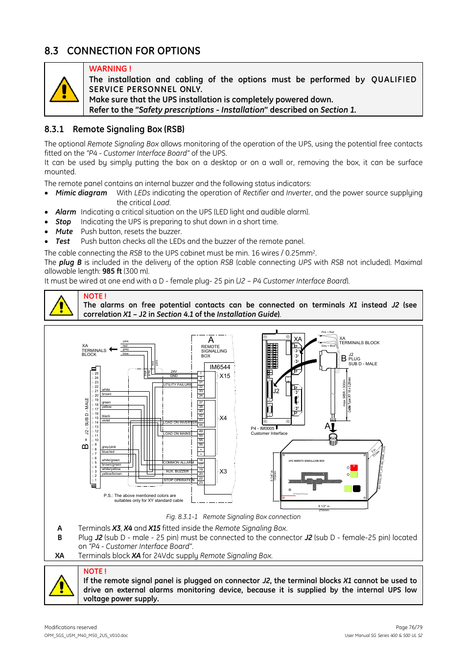 Connection for options, 1 remote signaling box (rsb), Remote signaling box (rsb) | 3 connection for options, Fig. 8.3.1-1 remote signaling box connection, X3 x4, J2 xa | GE Industrial Solutions SG Series 400 & 500 Operating Manual User Manual | Page 76 / 79