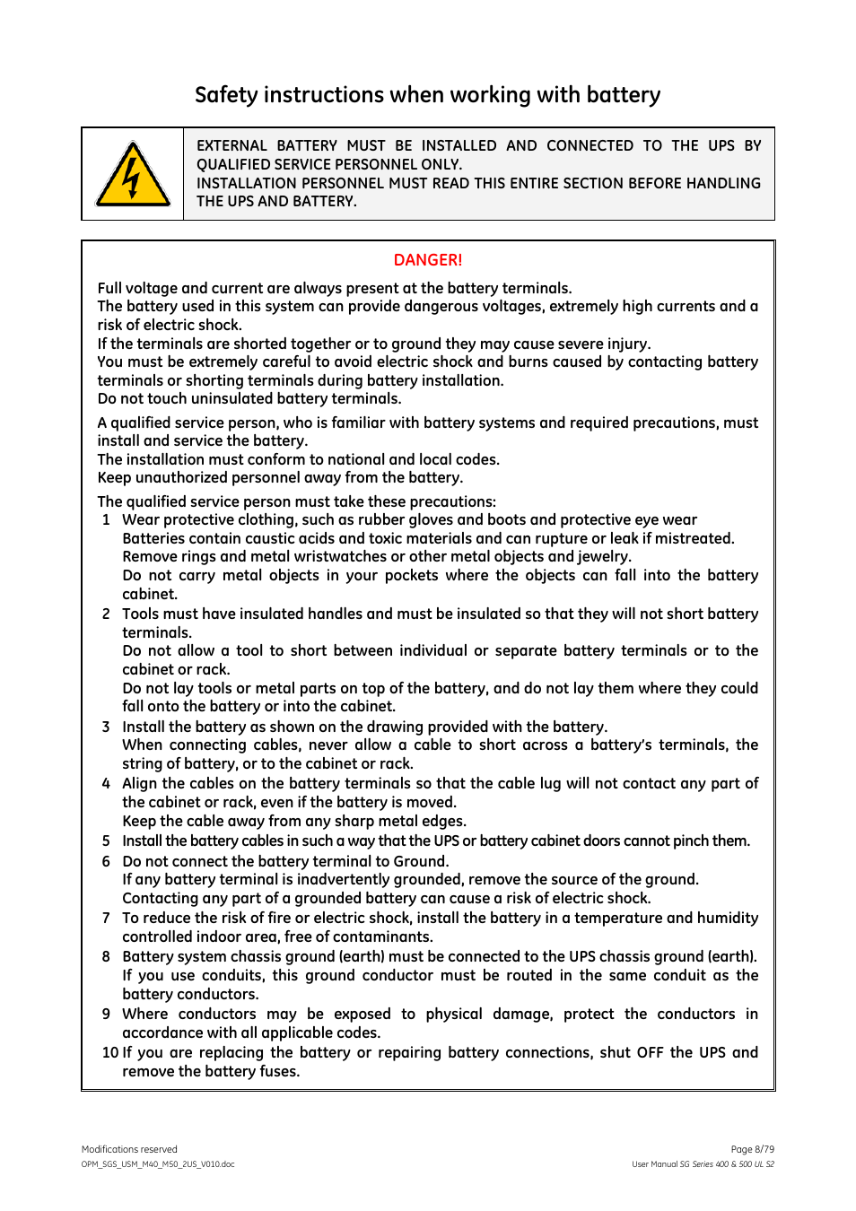 Safety instructions when working with battery, Danger | GE Industrial Solutions SG Series 400 & 500 Operating Manual User Manual | Page 8 / 79