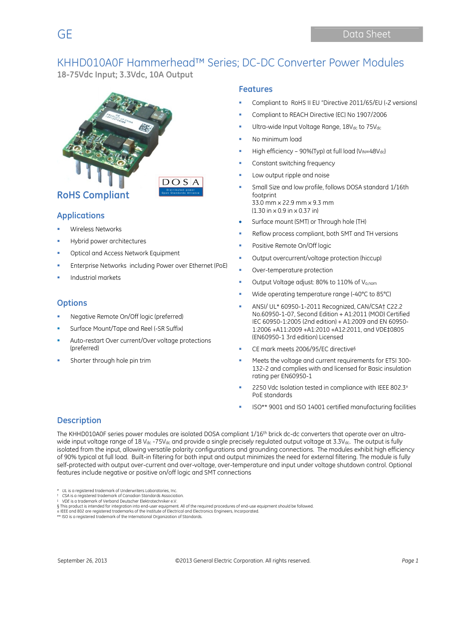 GE Industrial Solutions KHHD010A0F Hammerhead Series User Manual | 16 pages