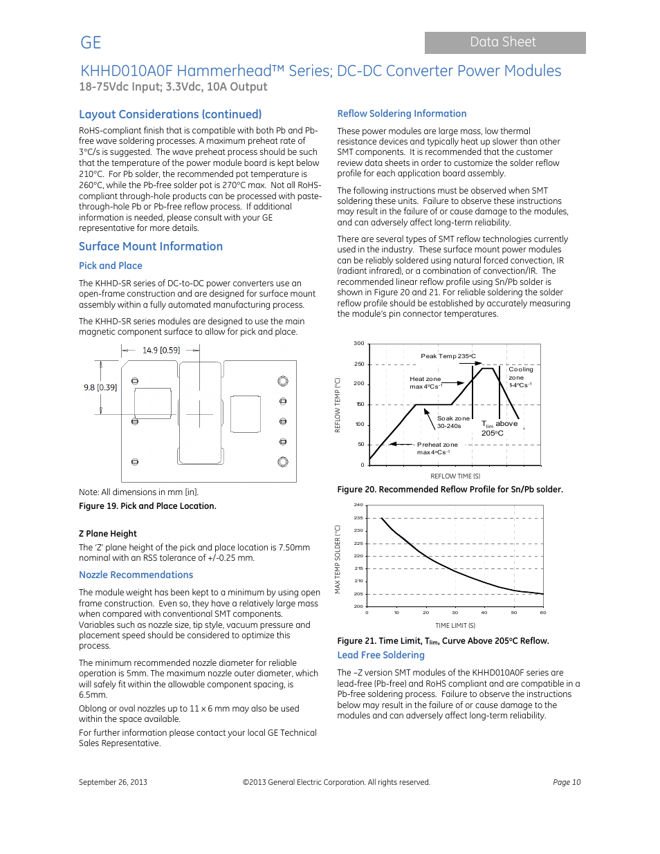 Data sheet, Layout considerations (continued), Surface mount information | Pick and place, Nozzle recommendations, Reflow soldering information, Lead free soldering | GE Industrial Solutions KHHD010A0F Hammerhead Series User Manual | Page 10 / 16