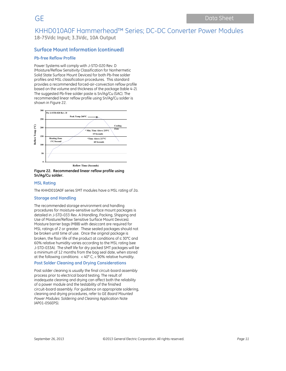 Data sheet, Surface mount information (continued) | GE Industrial Solutions KHHD010A0F Hammerhead Series User Manual | Page 11 / 16