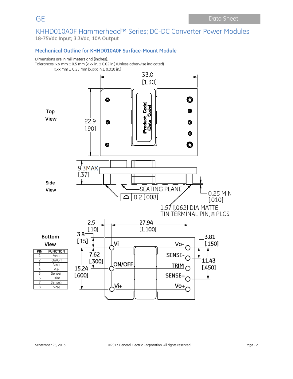 Data sheet, Top view, Bottom view | GE Industrial Solutions KHHD010A0F Hammerhead Series User Manual | Page 12 / 16