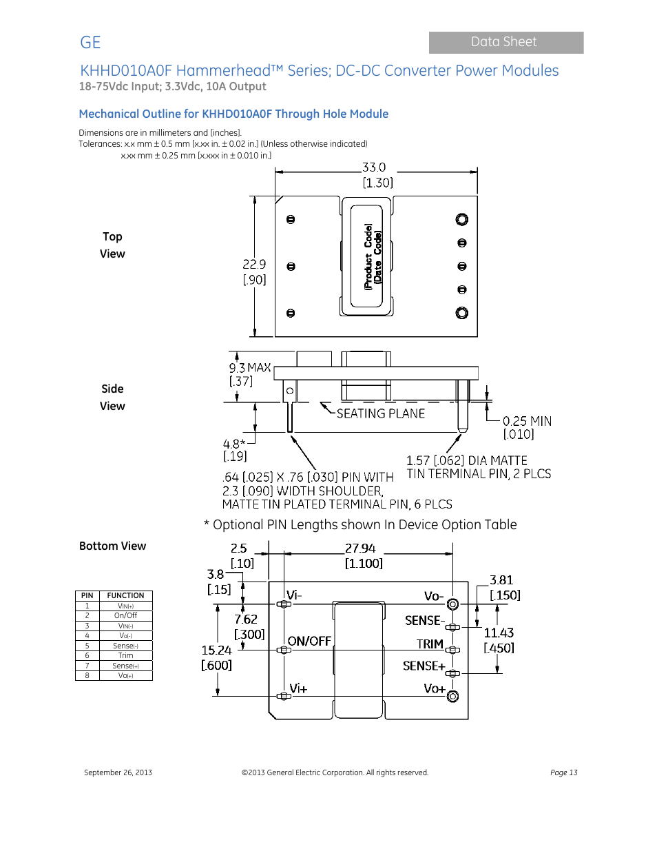 Data sheet, Optional pin lengths shown in device option table | GE Industrial Solutions KHHD010A0F Hammerhead Series User Manual | Page 13 / 16