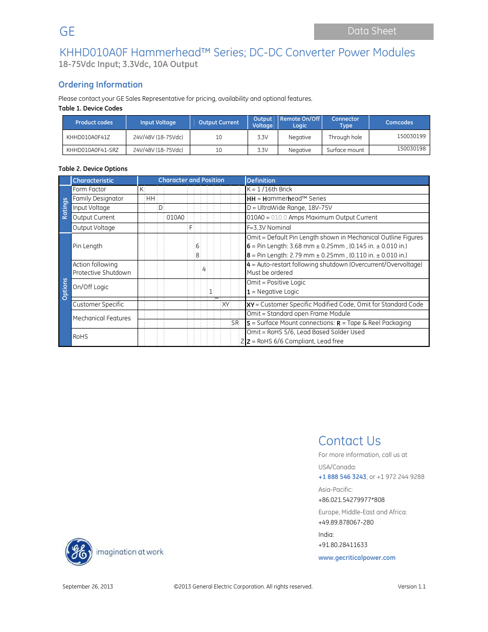 Contact us, Data sheet, Ordering information | GE Industrial Solutions KHHD010A0F Hammerhead Series User Manual | Page 16 / 16