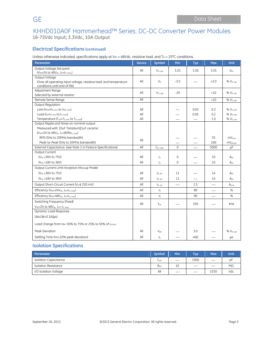 Data sheet, Electrical specifications, Isolation specifications | Continued) | GE Industrial Solutions KHHD010A0F Hammerhead Series User Manual | Page 3 / 16