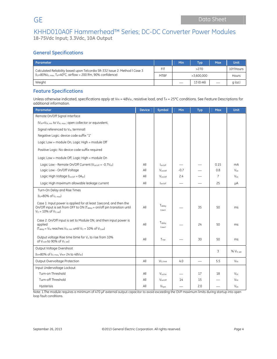 Data sheet, General specifications, Feature specifications | GE Industrial Solutions KHHD010A0F Hammerhead Series User Manual | Page 4 / 16