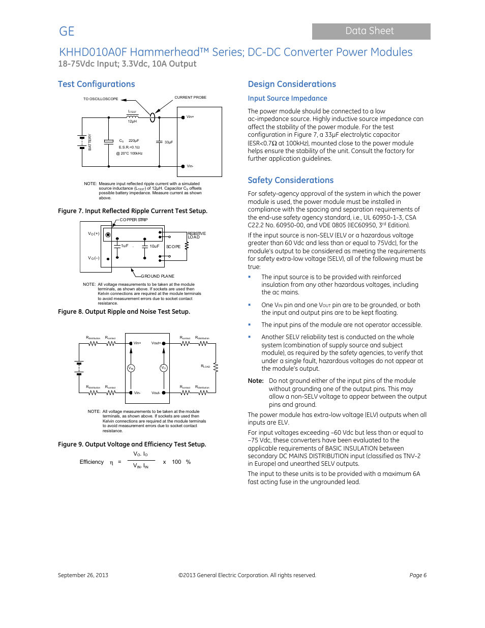 Data sheet, Test configurations, Design considerations | Safety considerations, Input source impedance, Figure 8. output ripple and noise test setup, Figure 9. output voltage and efficiency test setup, Pin and one v | GE Industrial Solutions KHHD010A0F Hammerhead Series User Manual | Page 6 / 16