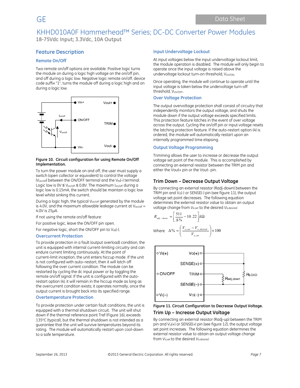 Data sheet, Feature description, Trim down – decrease output voltage | Trim up – increase output voltage | GE Industrial Solutions KHHD010A0F Hammerhead Series User Manual | Page 7 / 16