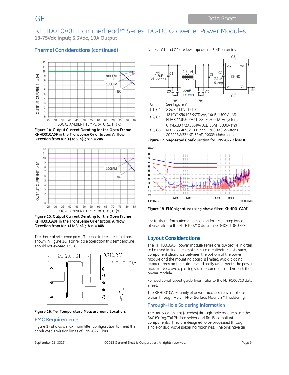Data sheet, Thermal considerations (continued), Emc requirements | Layout considerations | GE Industrial Solutions KHHD010A0F Hammerhead Series User Manual | Page 9 / 16