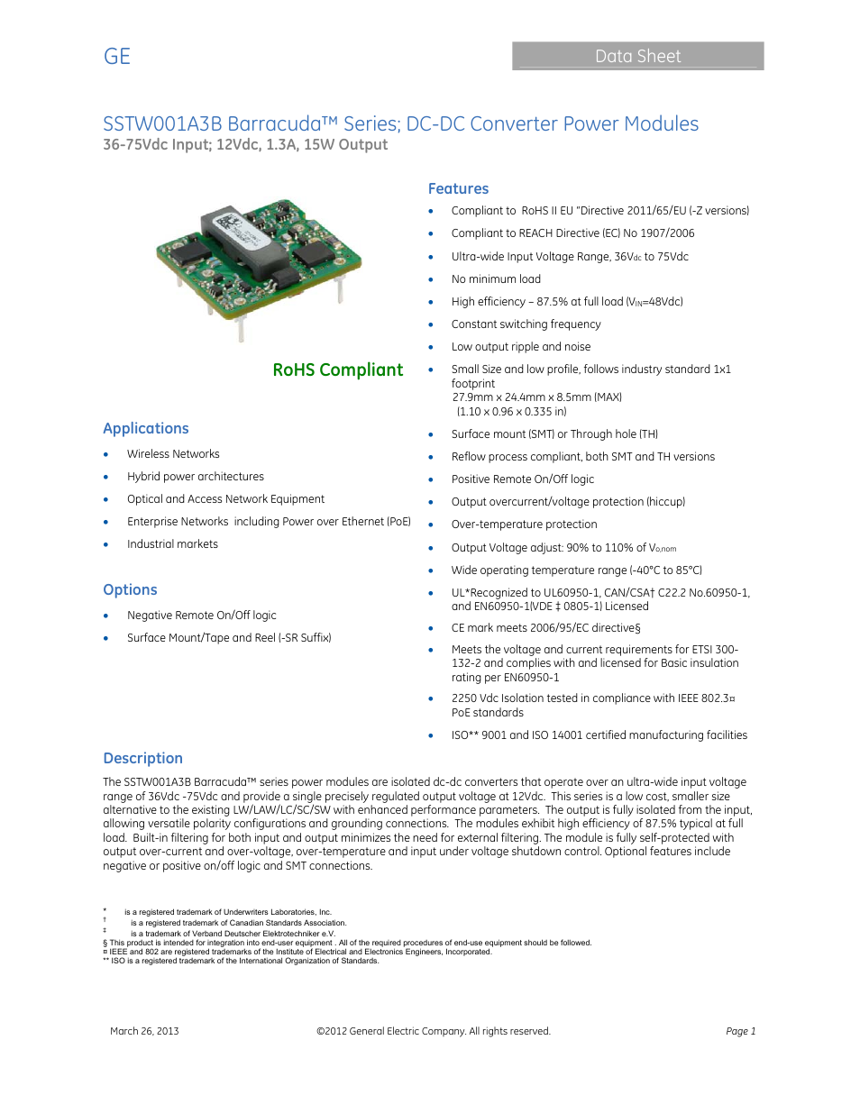 GE Industrial Solutions SSTW001A3B Barracuda Series User Manual | 15 pages