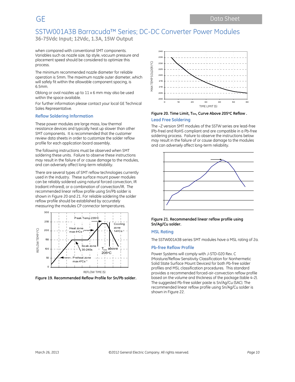 Data sheet, Reflow soldering information, Lead free soldering | Msl rating, Pb-free reflow profile | GE Industrial Solutions SSTW001A3B Barracuda Series User Manual | Page 10 / 15