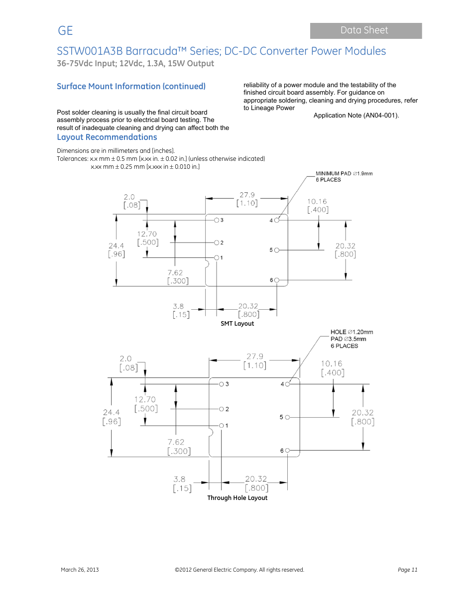 Data sheet | GE Industrial Solutions SSTW001A3B Barracuda Series User Manual | Page 11 / 15