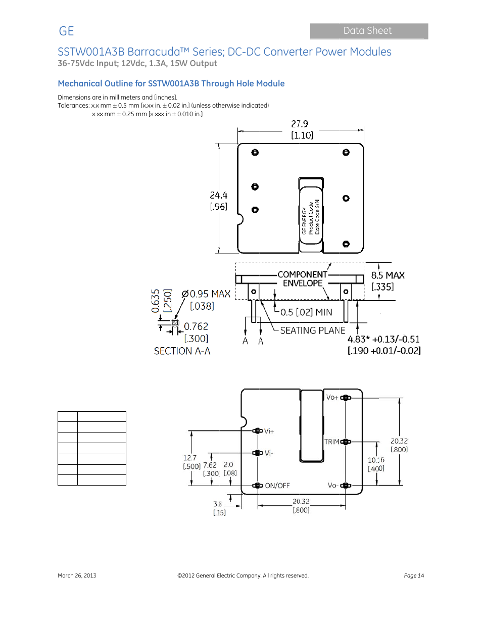 Sstw001, 1a3b ba, Rracuda | Series, S; dc-dc, C convert, Ter powe, Er modul, Data she | GE Industrial Solutions SSTW001A3B Barracuda Series User Manual | Page 14 / 15