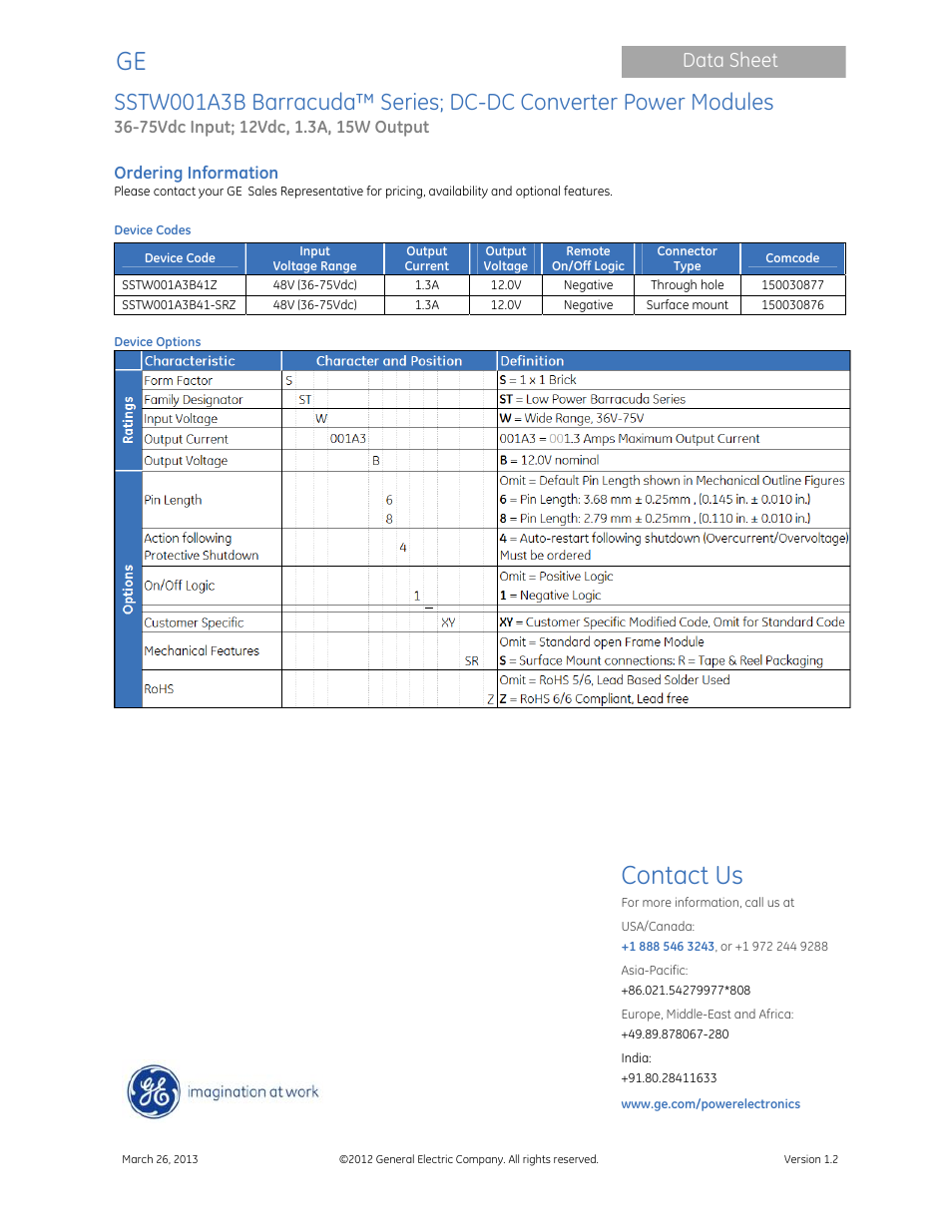 Contact us, Data sheet | GE Industrial Solutions SSTW001A3B Barracuda Series User Manual | Page 15 / 15