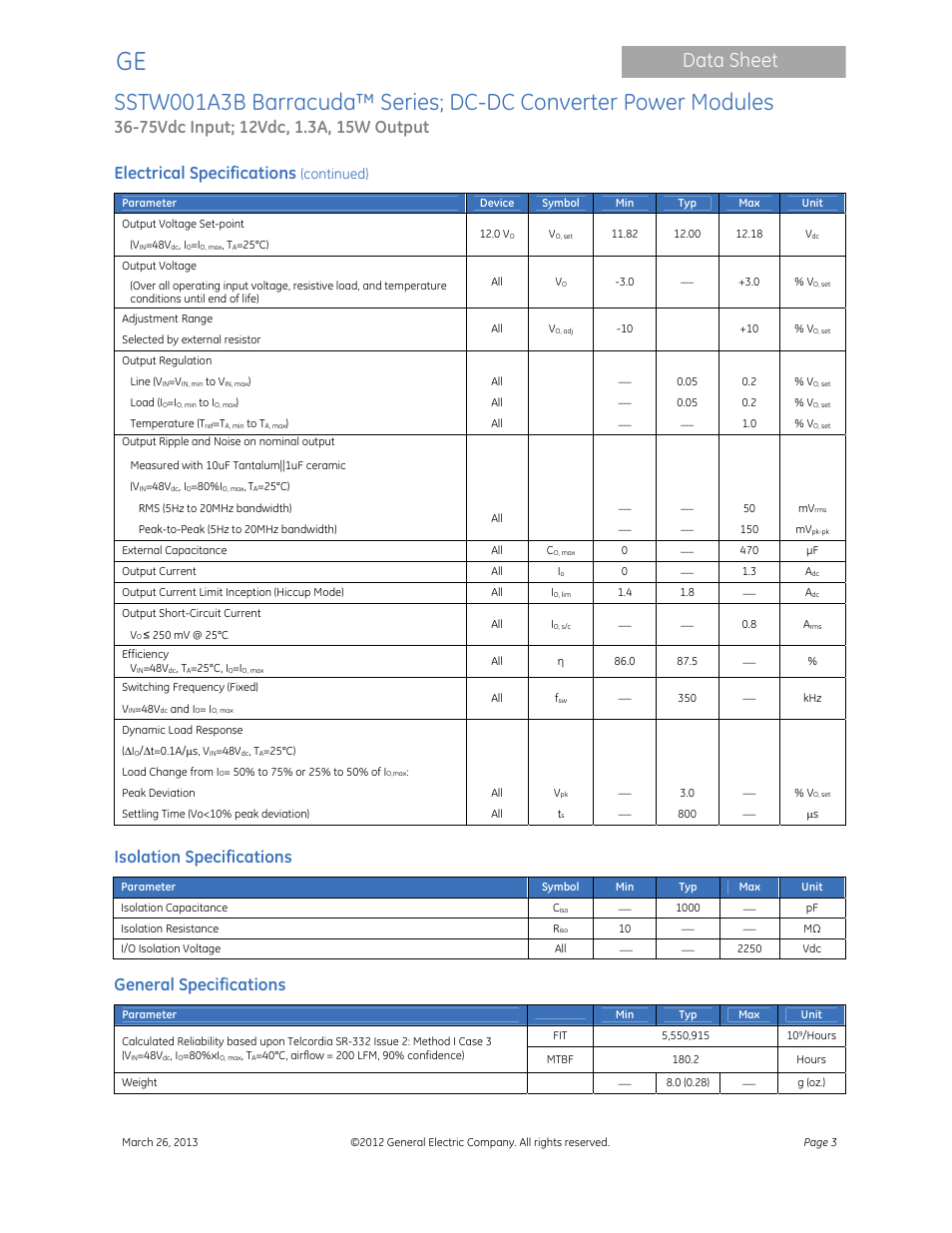 Data sheet, Electrical specifications, Isolation specifications | General specifications, Continued) | GE Industrial Solutions SSTW001A3B Barracuda Series User Manual | Page 3 / 15