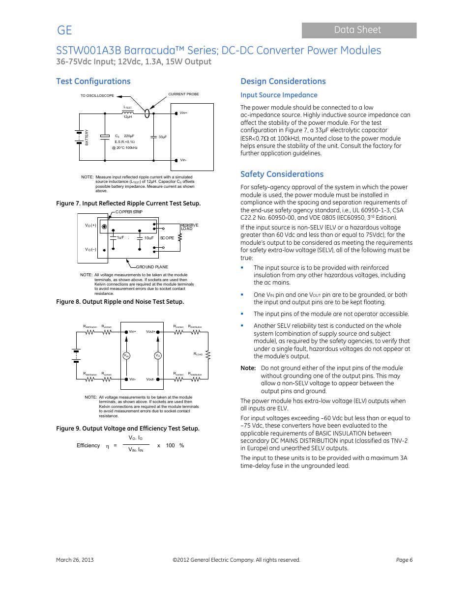 Data sheet, Test configurations, Design considerations | Safety considerations, Input source impedance | GE Industrial Solutions SSTW001A3B Barracuda Series User Manual | Page 6 / 15