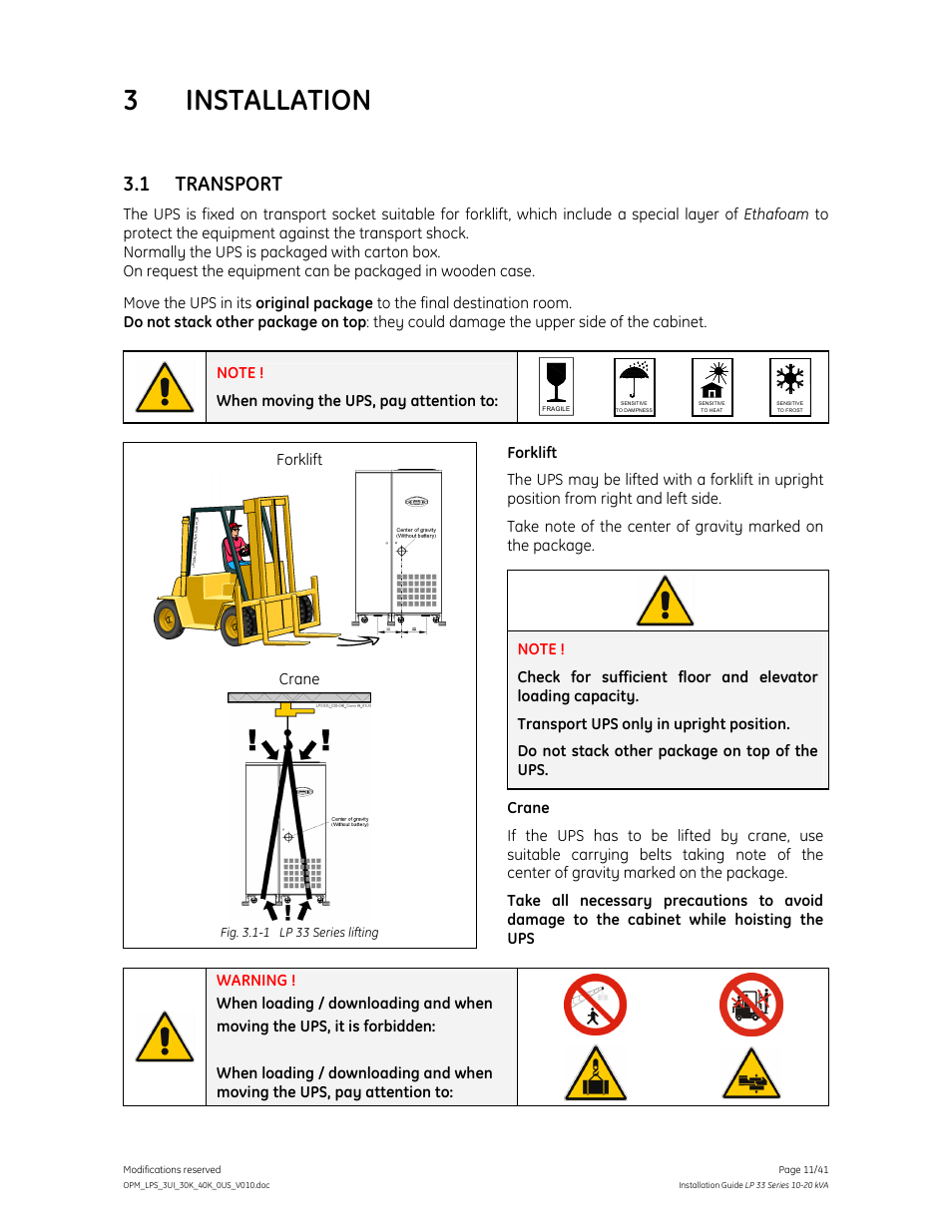 3 installation, 1 transport | GE Industrial Solutions LP 33 Series 30 & 40 kVA Installation Guide User Manual | Page 11 / 41