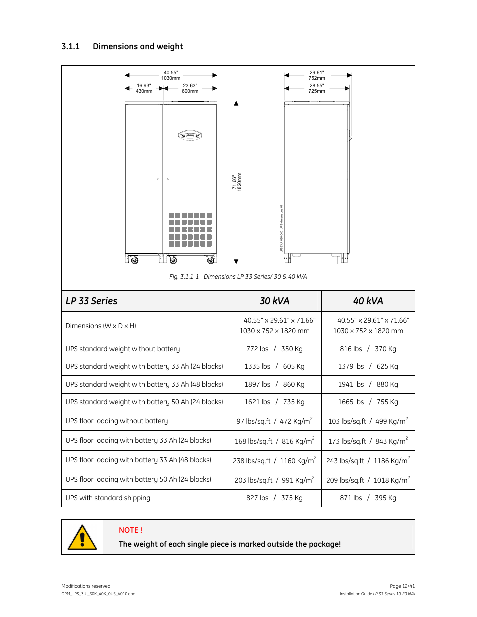 1 dimensions and weight | GE Industrial Solutions LP 33 Series 30 & 40 kVA Installation Guide User Manual | Page 12 / 41