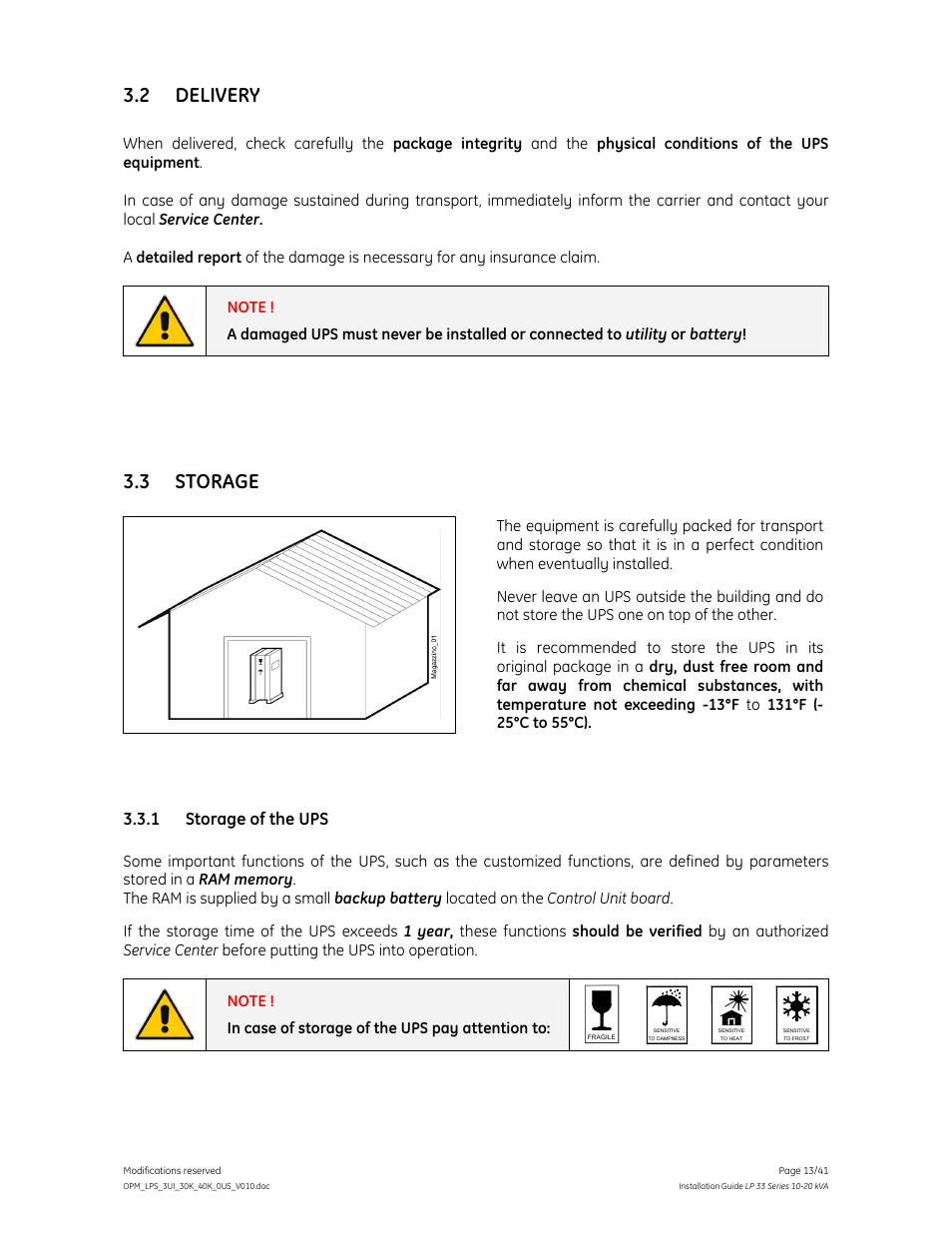 2 delivery, 3 storage | GE Industrial Solutions LP 33 Series 30 & 40 kVA Installation Guide User Manual | Page 13 / 41