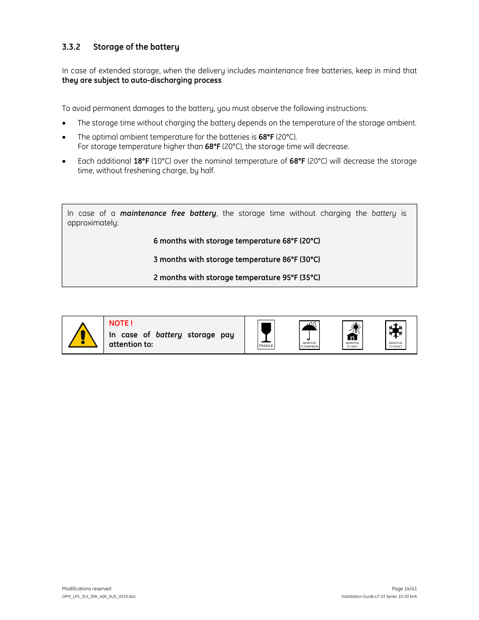 2 storage of the battery | GE Industrial Solutions LP 33 Series 30 & 40 kVA Installation Guide User Manual | Page 14 / 41