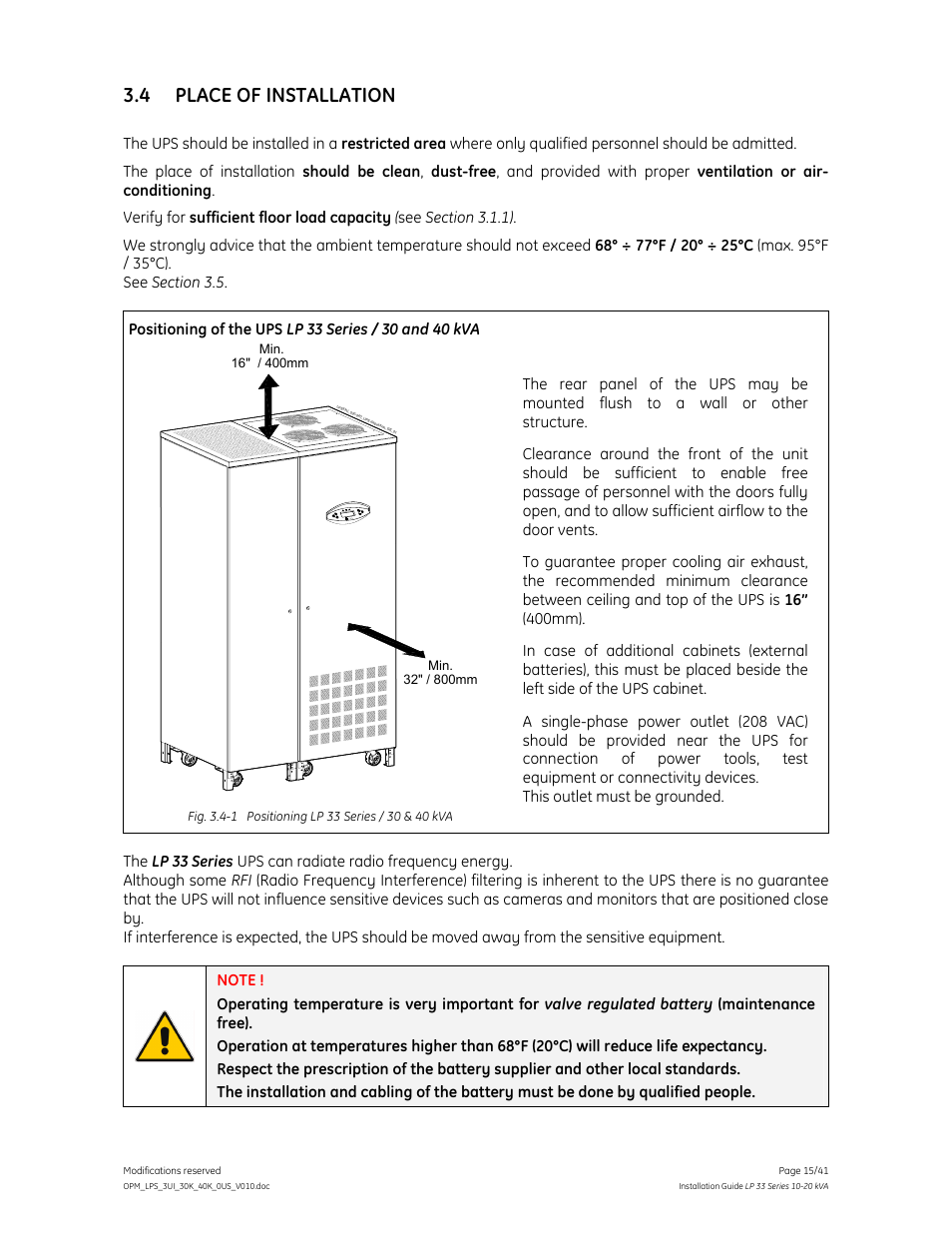4 place of installation | GE Industrial Solutions LP 33 Series 30 & 40 kVA Installation Guide User Manual | Page 15 / 41