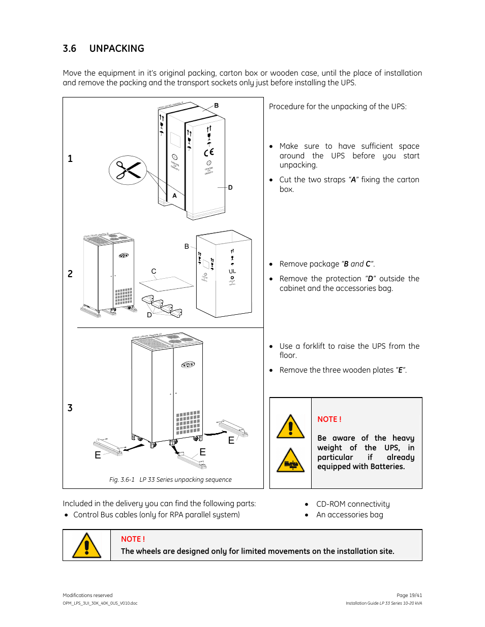 6 unpacking | GE Industrial Solutions LP 33 Series 30 & 40 kVA Installation Guide User Manual | Page 19 / 41
