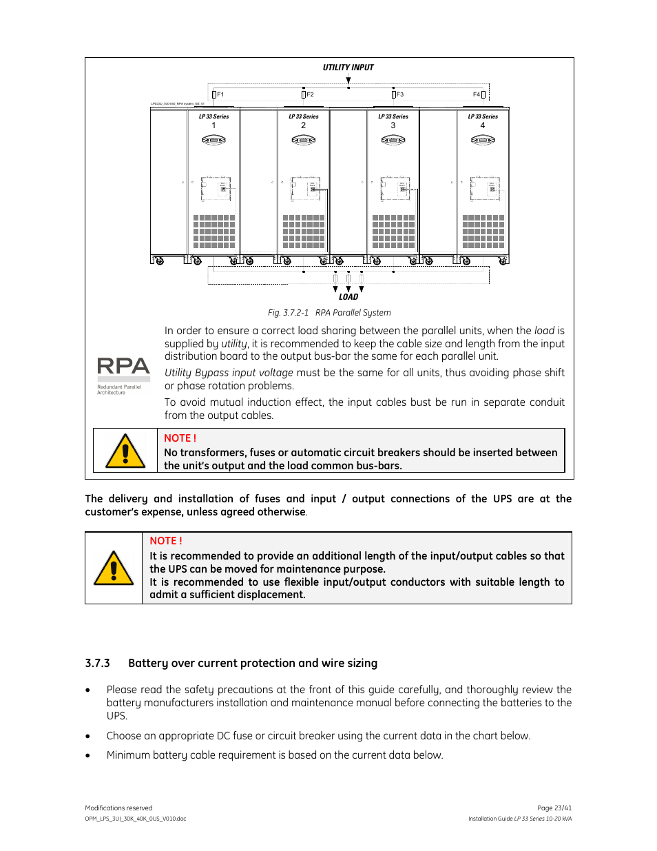 3 battery over current protection and wire sizing | GE Industrial Solutions LP 33 Series 30 & 40 kVA Installation Guide User Manual | Page 23 / 41