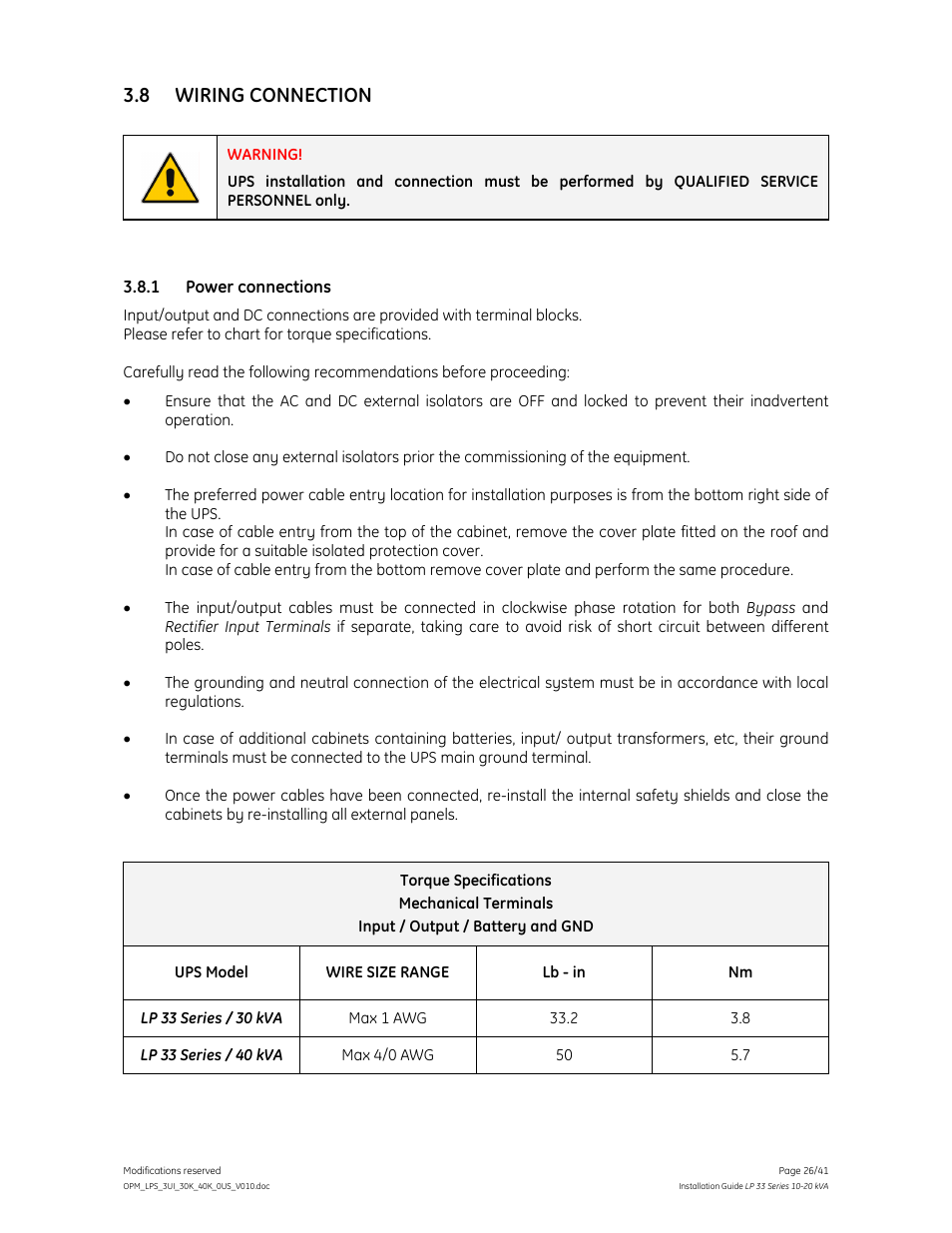 8 wiring connection | GE Industrial Solutions LP 33 Series 30 & 40 kVA Installation Guide User Manual | Page 26 / 41