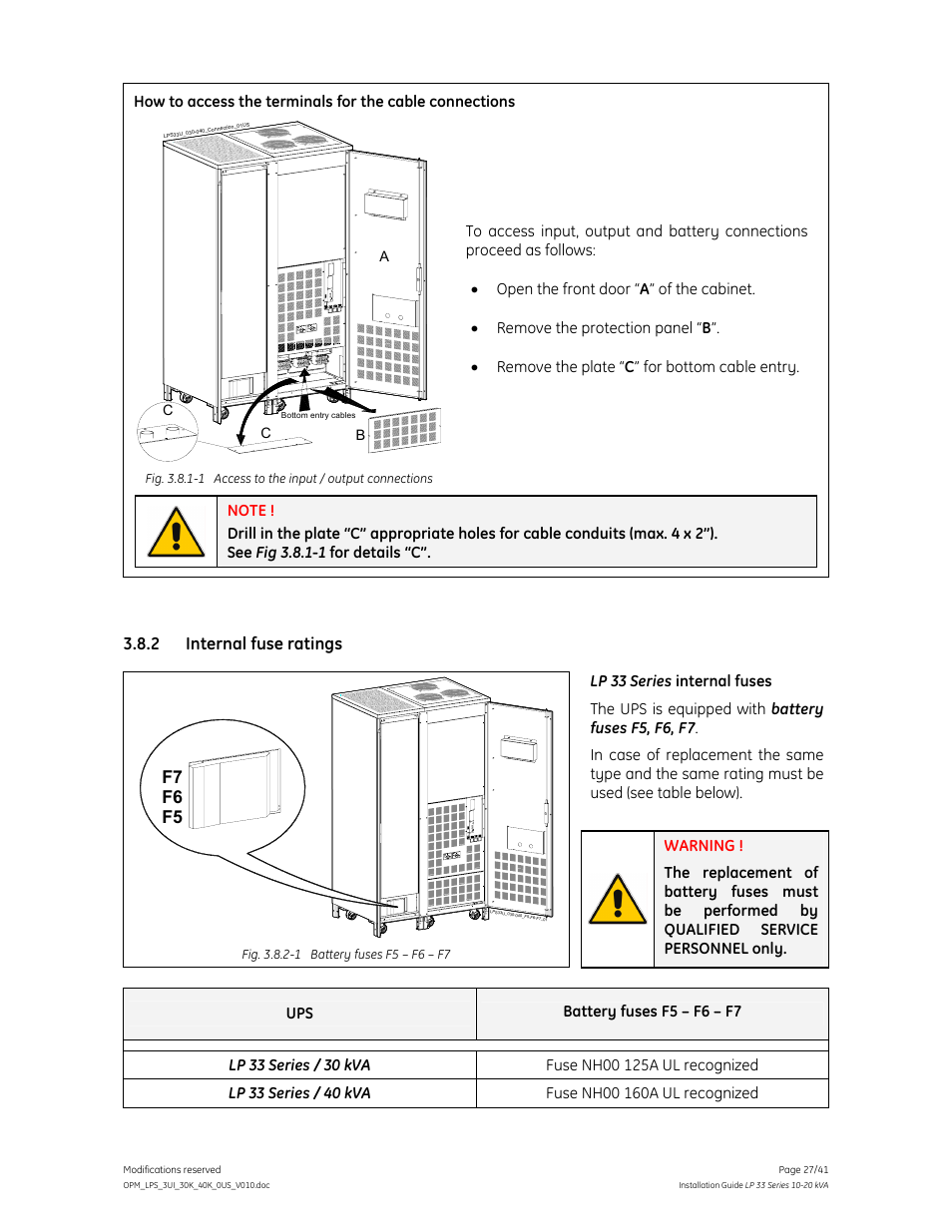 2 internal fuse ratings, F7 f5 f6 | GE Industrial Solutions LP 33 Series 30 & 40 kVA Installation Guide User Manual | Page 27 / 41