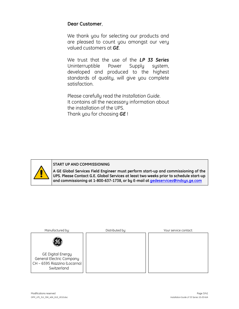 GE Industrial Solutions LP 33 Series 30 & 40 kVA Installation Guide User Manual | Page 3 / 41