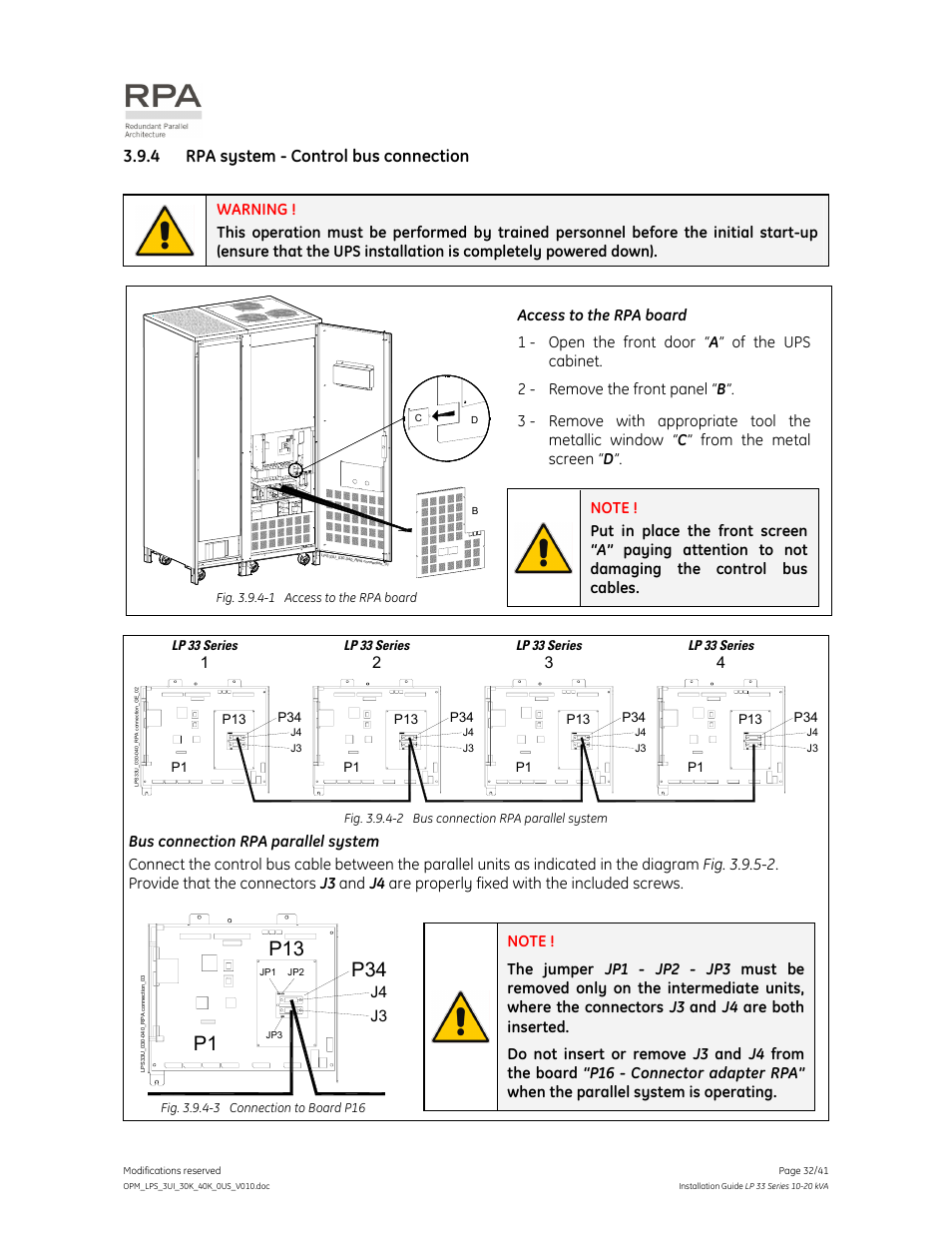 4 rpa system - control bus connection, 1 - open the front door “ a ” of the ups cabinet, 2 - remove the front panel “ b | GE Industrial Solutions LP 33 Series 30 & 40 kVA Installation Guide User Manual | Page 32 / 41